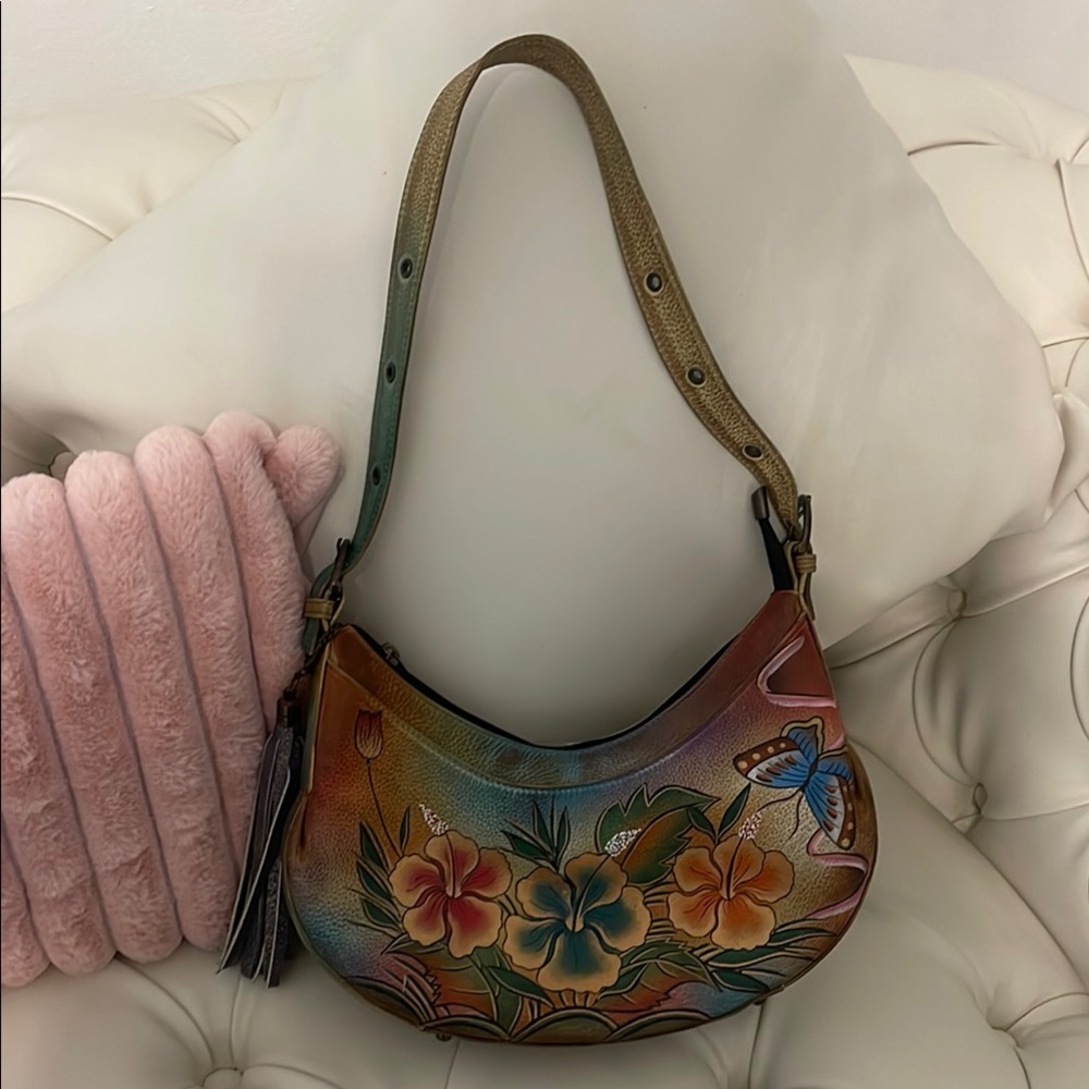 Authentic Anushka Womens Floral Butterfly  Leather Bag Hand-Painted Floral